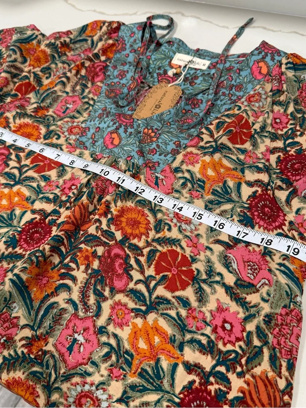 Natural Life Rowan Floral Peasant Blouse Sz Medium Pink Boho TieNeck cottage NWT - Picture 11 of 12